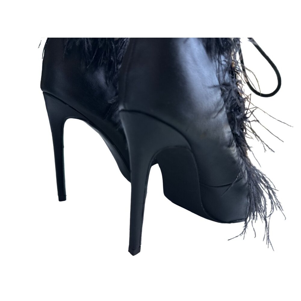 Feather Rhinestone Sexy Lace Heels Jubilee Ankle Bootie Black Peep Toe Pearl 7.5 - Picture 8 of 11